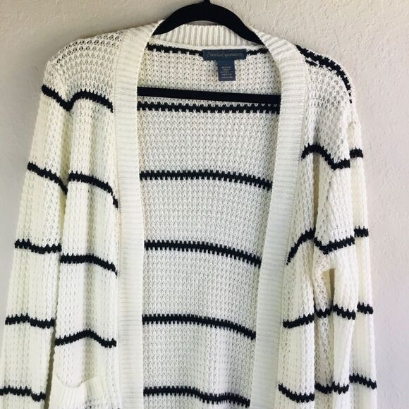 Lagenlook chunky knit open front cardigan with pockets cream with black stripes - Picture 2 of 6